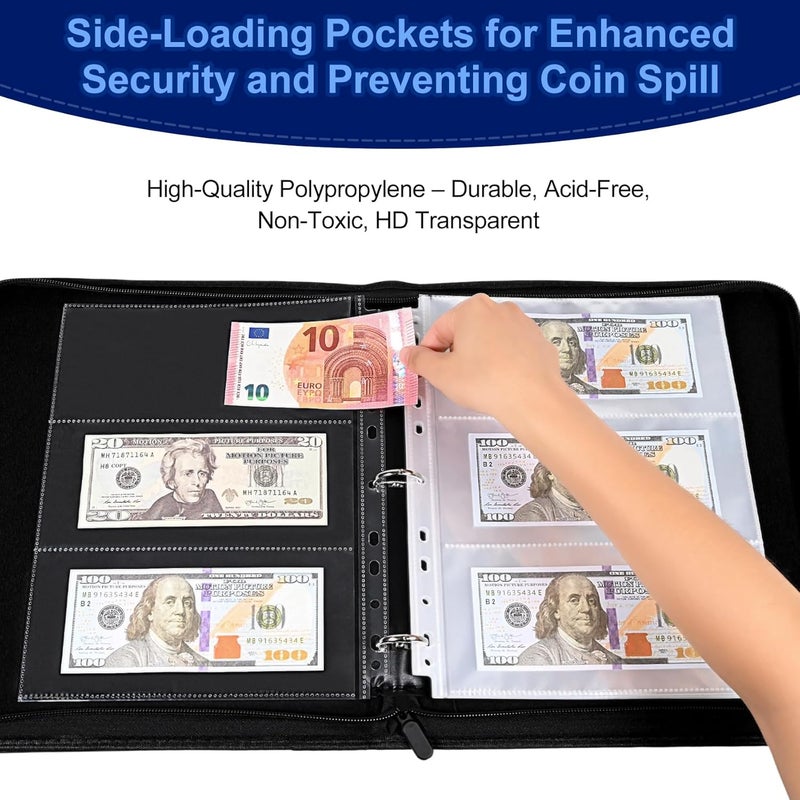 WITHYU Cash Collection Book, Binder Currency Holder Album with 180 Pockets Paper Money Sleeves, Fireproof Currency Organizer for Money Protection and Storage - Image 2